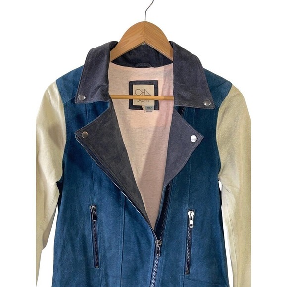 CHASER Size XS Color Block Moto Zip 100% Suede Leather Jacket - Rare - Picture 2 of 6